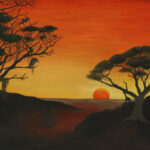 Ölbild einer afrikanisch anmutenden, kargen Landschaft bei Sonnenaufgang mit den Silouetten eines Geiers, einer Giraffe und eines Affen.